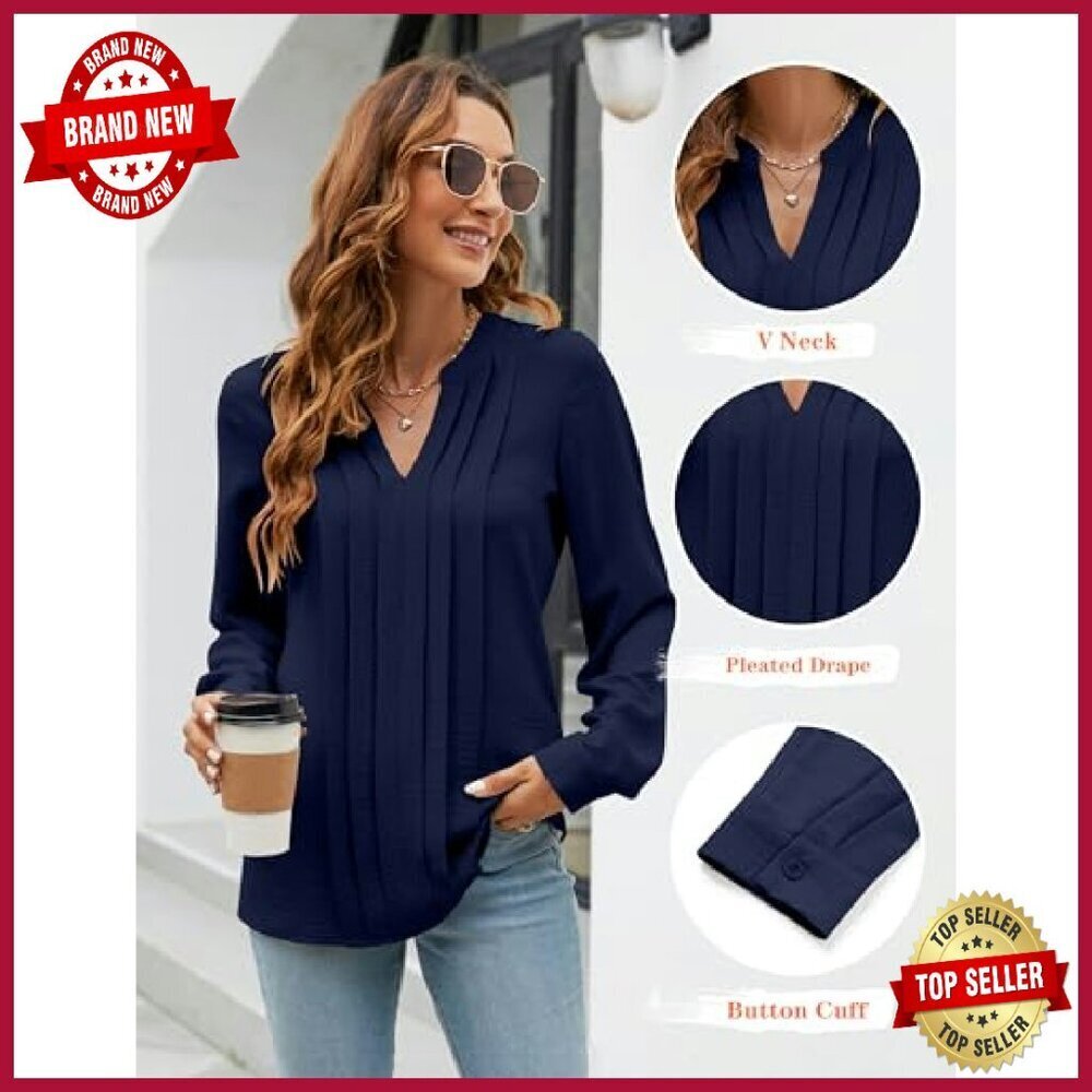 Long Sleeve V Neck Pleated Blouse Business Casual Top Regular Fit - Picture 5 of 8